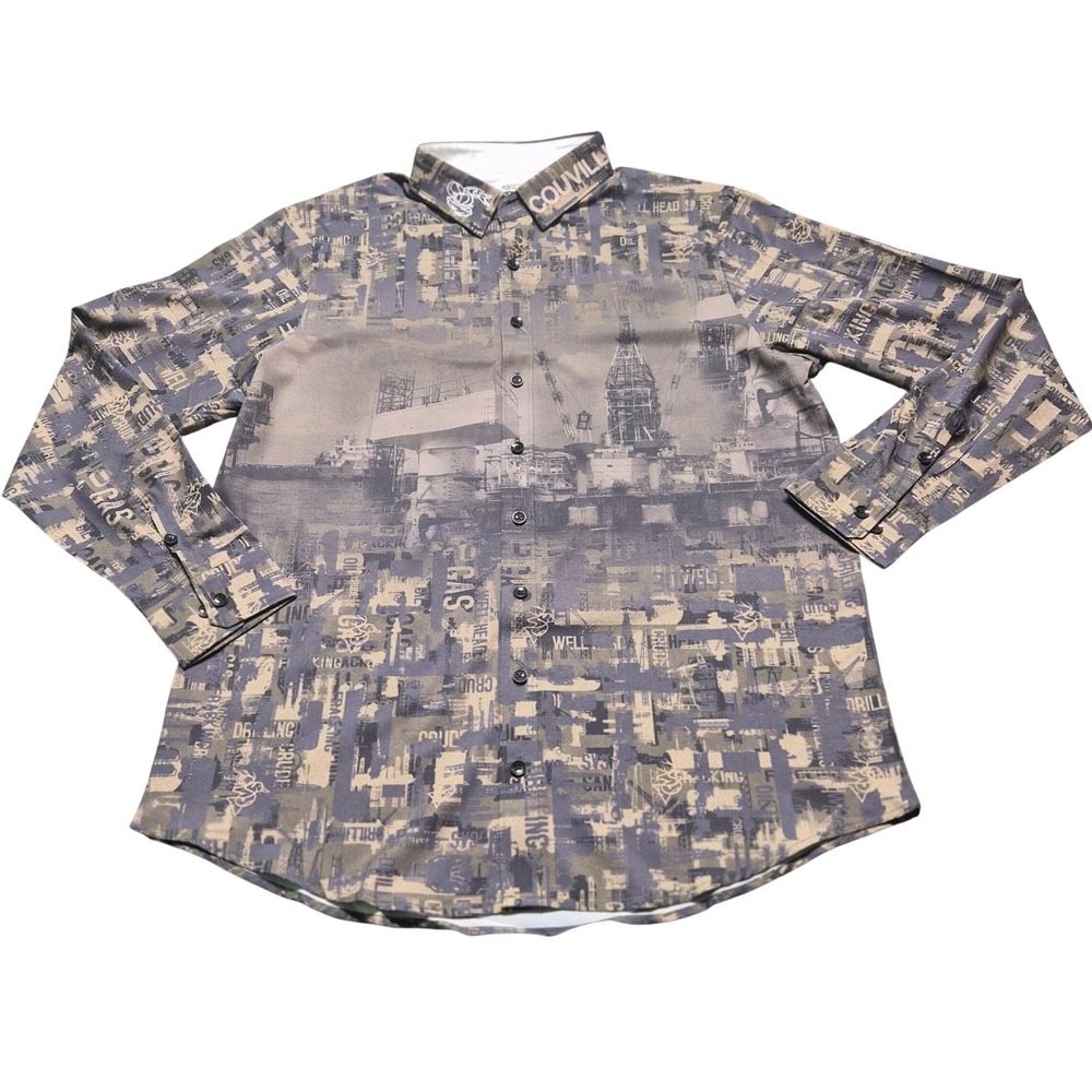 Salty Traditions Mens XL Oil Field Print Button Up Shirt Grey Tan Couville XL